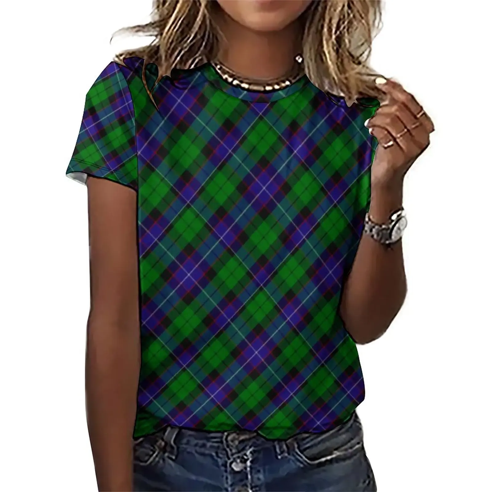 

Retro Plaid T Shirts Mitchell Tartan Print Simple Oversize T Shirt Short Sleeve Women Elegant Tee Shirt Sexy Graphic Tops
