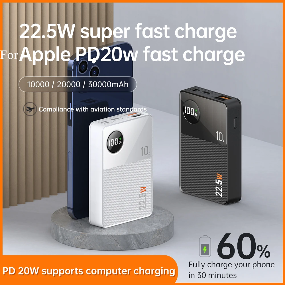

30000mAh Power Bank 22.5W Fast Charging for Huawei P40 Portable External Battery Pack for iPhone 13 12 Samsung Xiaomi Powerbank