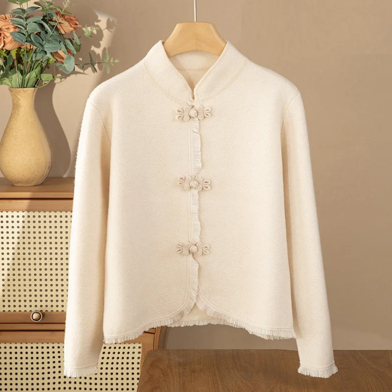 Женское шерстяное пальто-свитер в елочку с воротником-стойкой