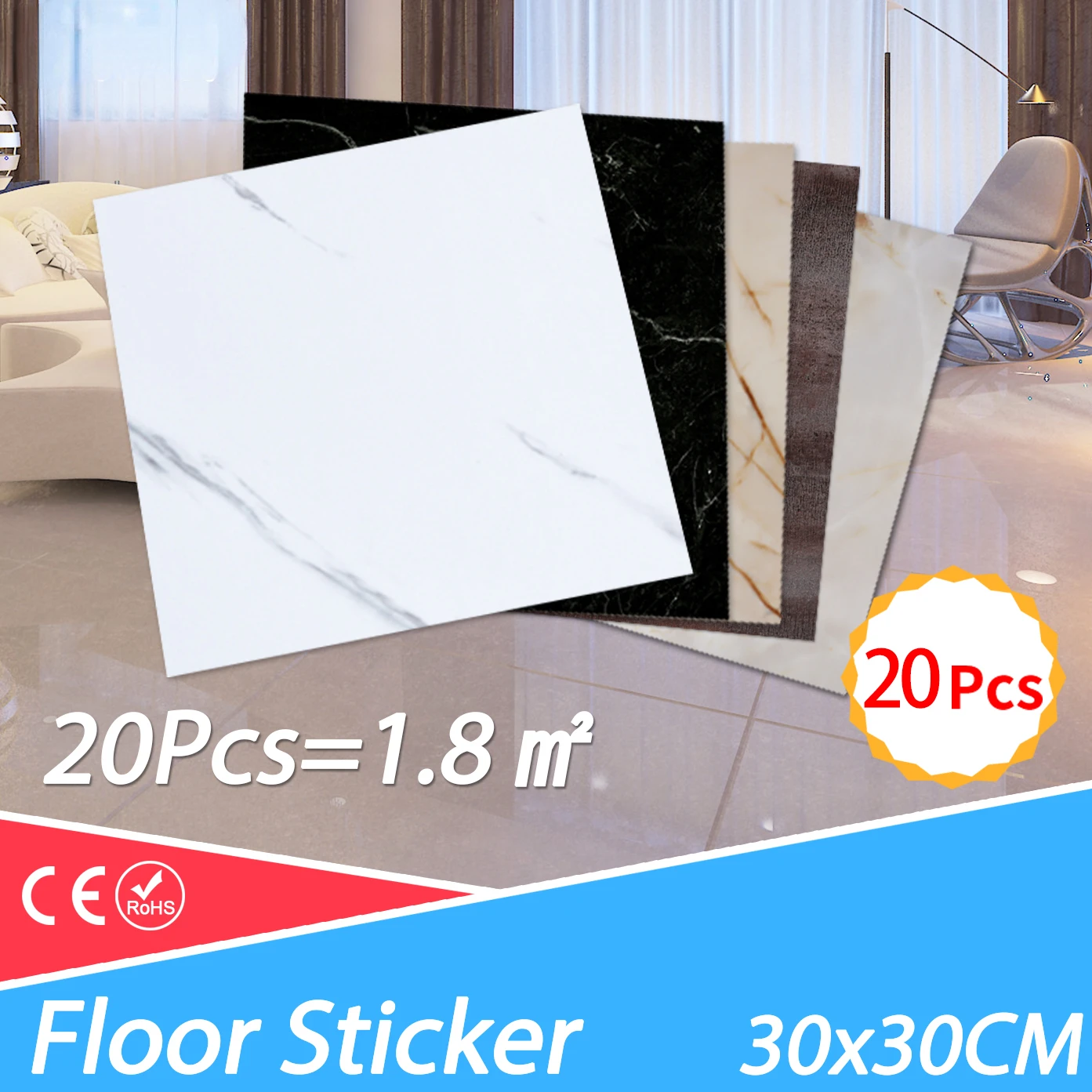 

20pcs 30*30cm PVC Flat Imitation Marble Tile Floor Stickers Self-adhesive 3D Wall Stickers Waterproof Bathroom Decals