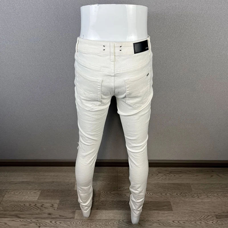 White Fashion Designer Men Jeans Elastic Stretch Patched Skinny Fit Ripped Jeans Men Streetwear Hip Hop Denim Brand Pants Hombre