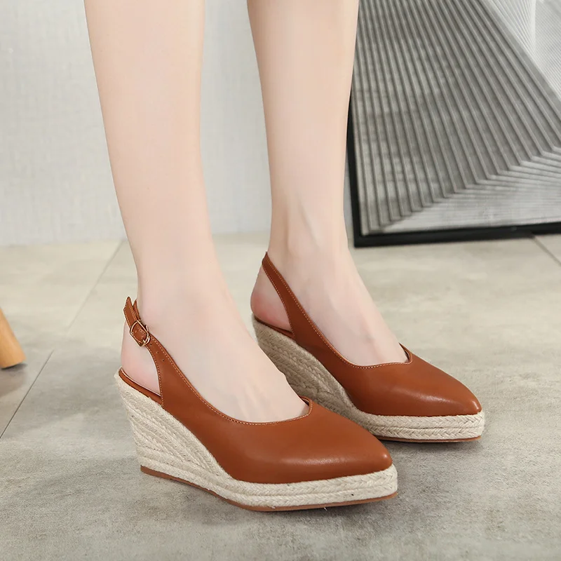 

Summer Slope Heel Thick Sole Retro Sandals Women's 2023 Baotou One Line Belt Back Hollow Sandals female Grass Woven High Heels