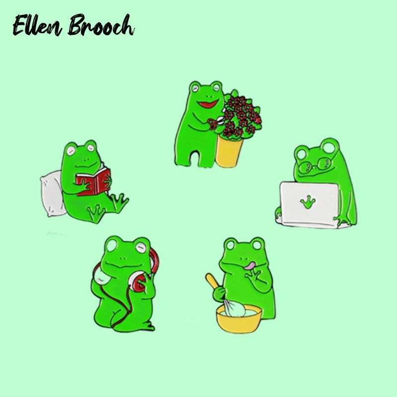 

Funny Frog Enamel Pin Cute Froggy Laptop Reading Book Animal Badges Brooches Backpack Bag Accessories Lapel Pin Gift for Kids