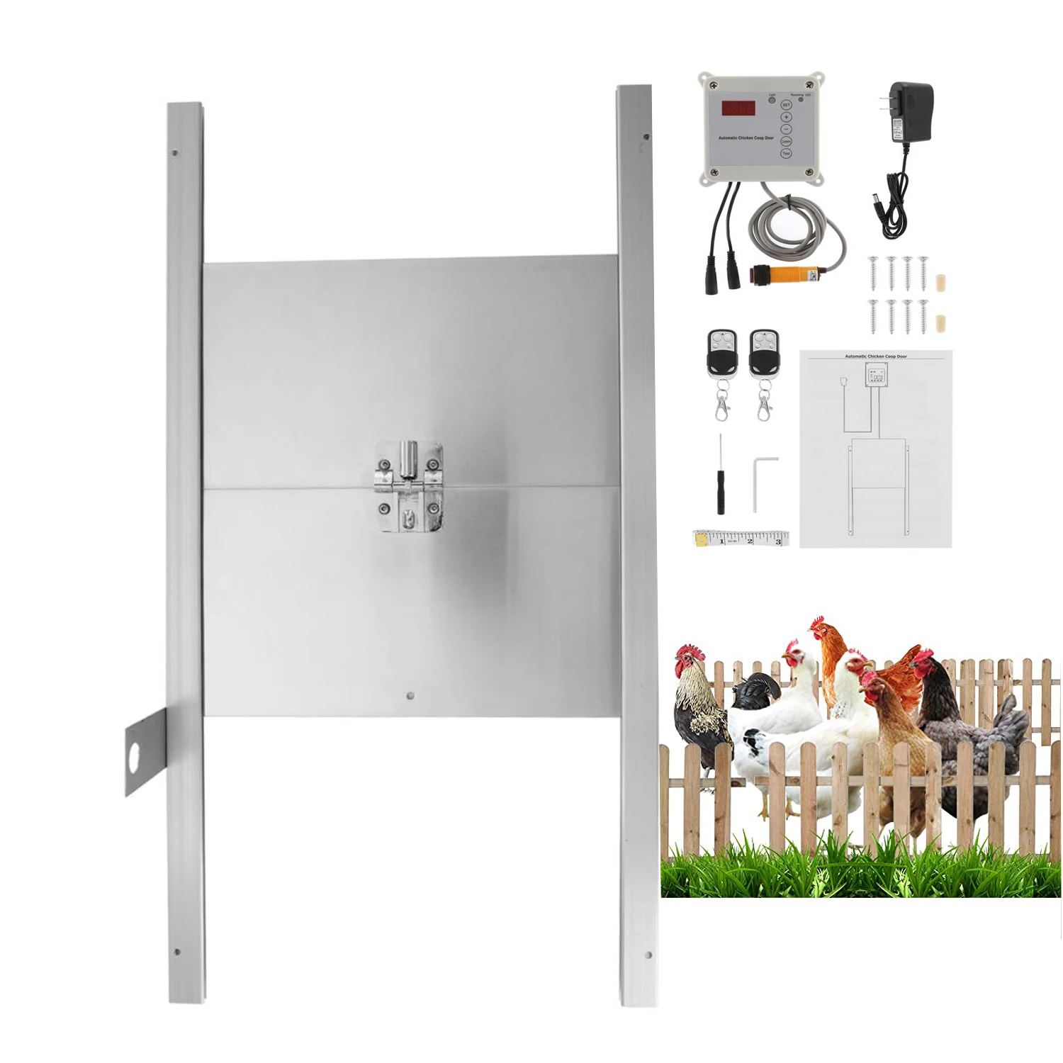 

Automatic Chicken Coop Door Opener Kit Light Sensor Timing Switch Self-Locking Predator Resistant Chicken Metal Door CE