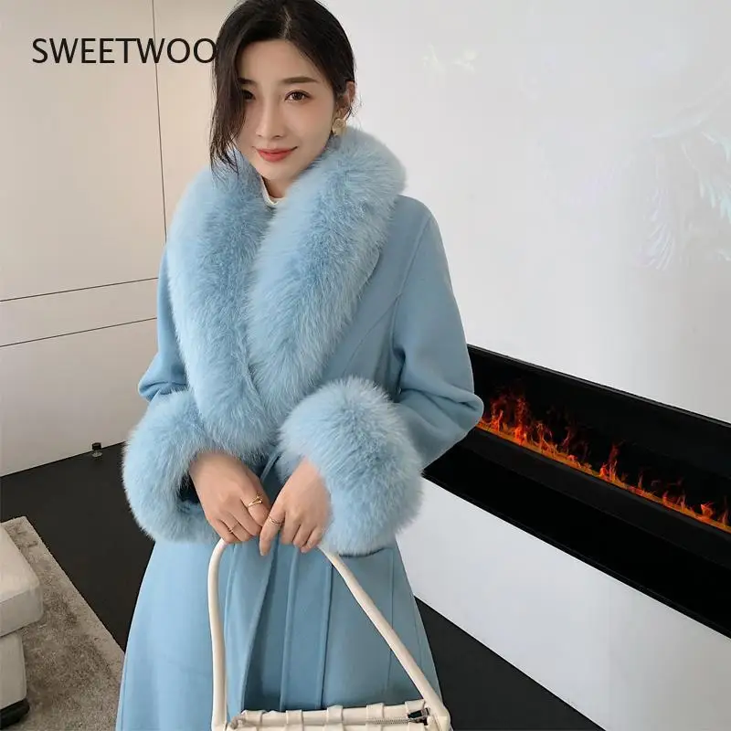 Double Sided faux  Cashmere Coat Fall Winter 2021 New Korean Version faux Fox Big Fur Collar Long Slim White Wool Coat for Women