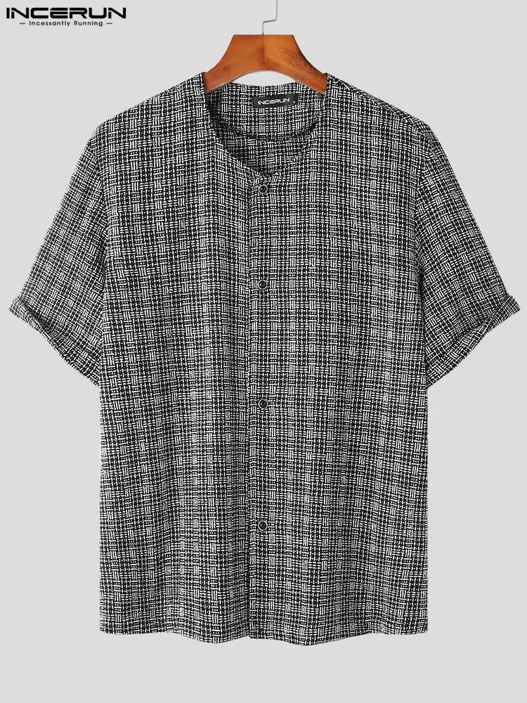 INCERUN Tops 2022 Korean Style Men's Plaid Shoulder Pad Blouse Casual Simple Male All-match Short-sleeved Cardigan Shirts S-5XL