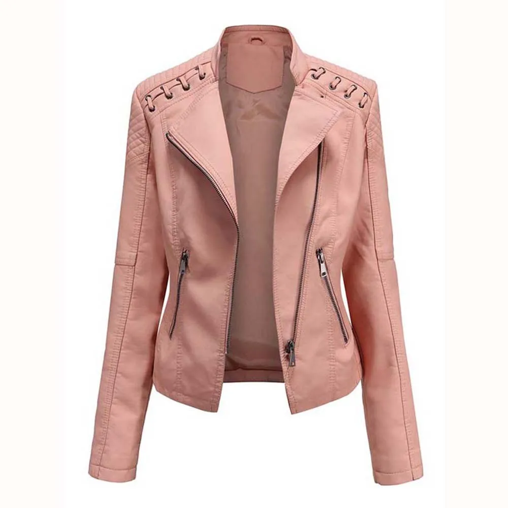 Autumn Winter Ladies Coat Pu Faux Leather Jackets Women Long Sleeve Zipper Slim Motor Biker Leather Coat Female Outwear Tops