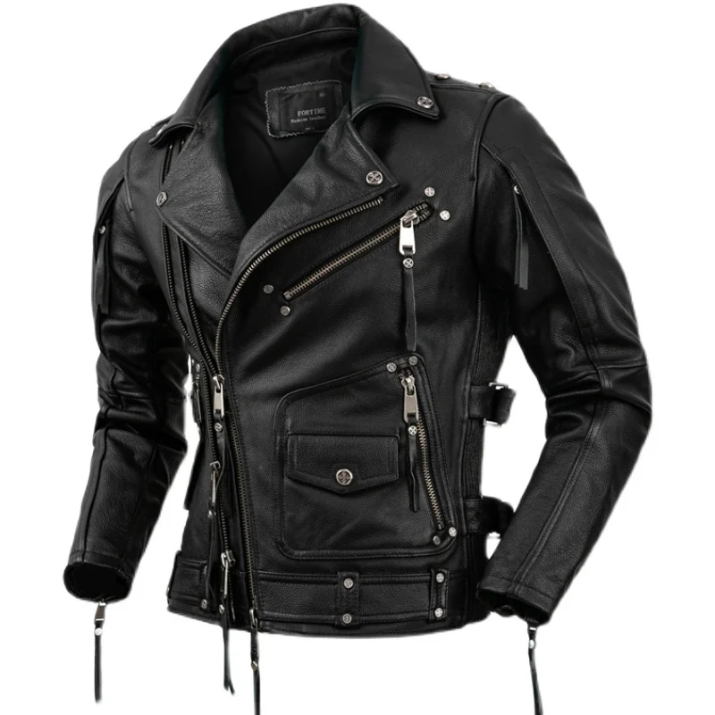 

2023 New Sping and Autumn Fashion Jackets for Men's Oblique Zipper Pockets High Quality Cowhide Leather Motorcycle Coat