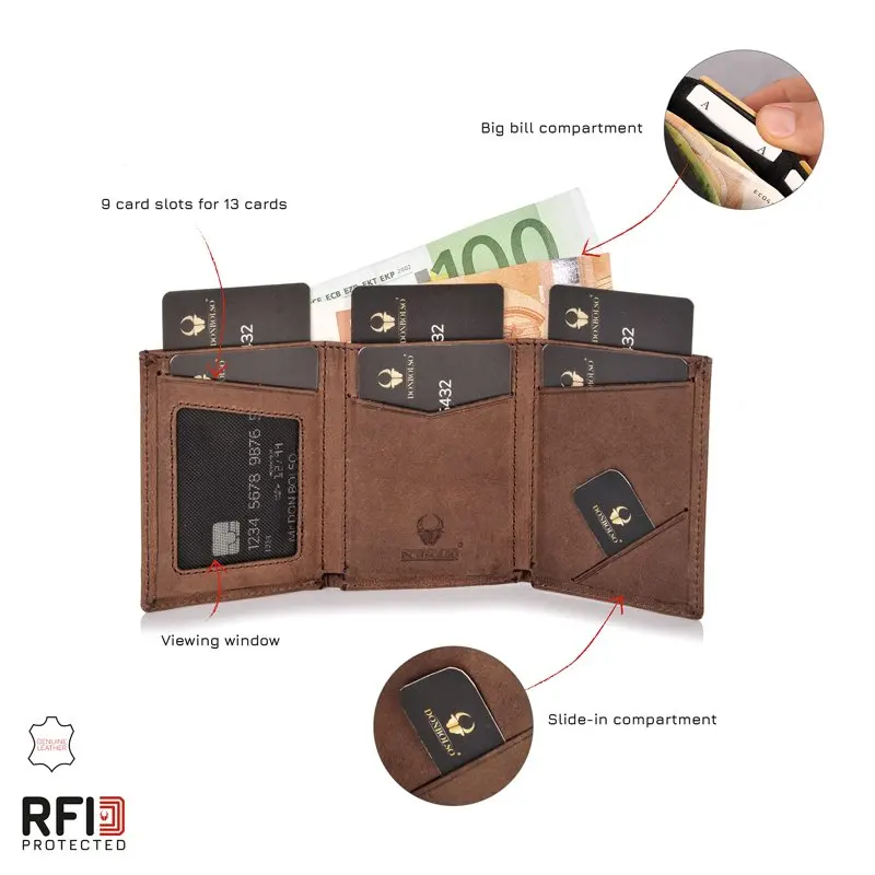 Slim Card Wallet with RFID Protection, Thin Small Wallet, 9 Card Slots for up to 13 Cards