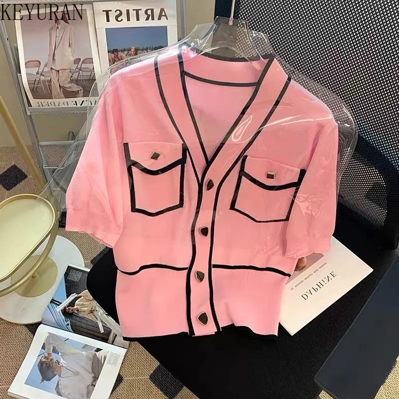 

2022 Summer Kintted Cardigan Women Korean Style Elegant V-neck Color Matching Single Breasted Short Sleeve Knitting Tops Female