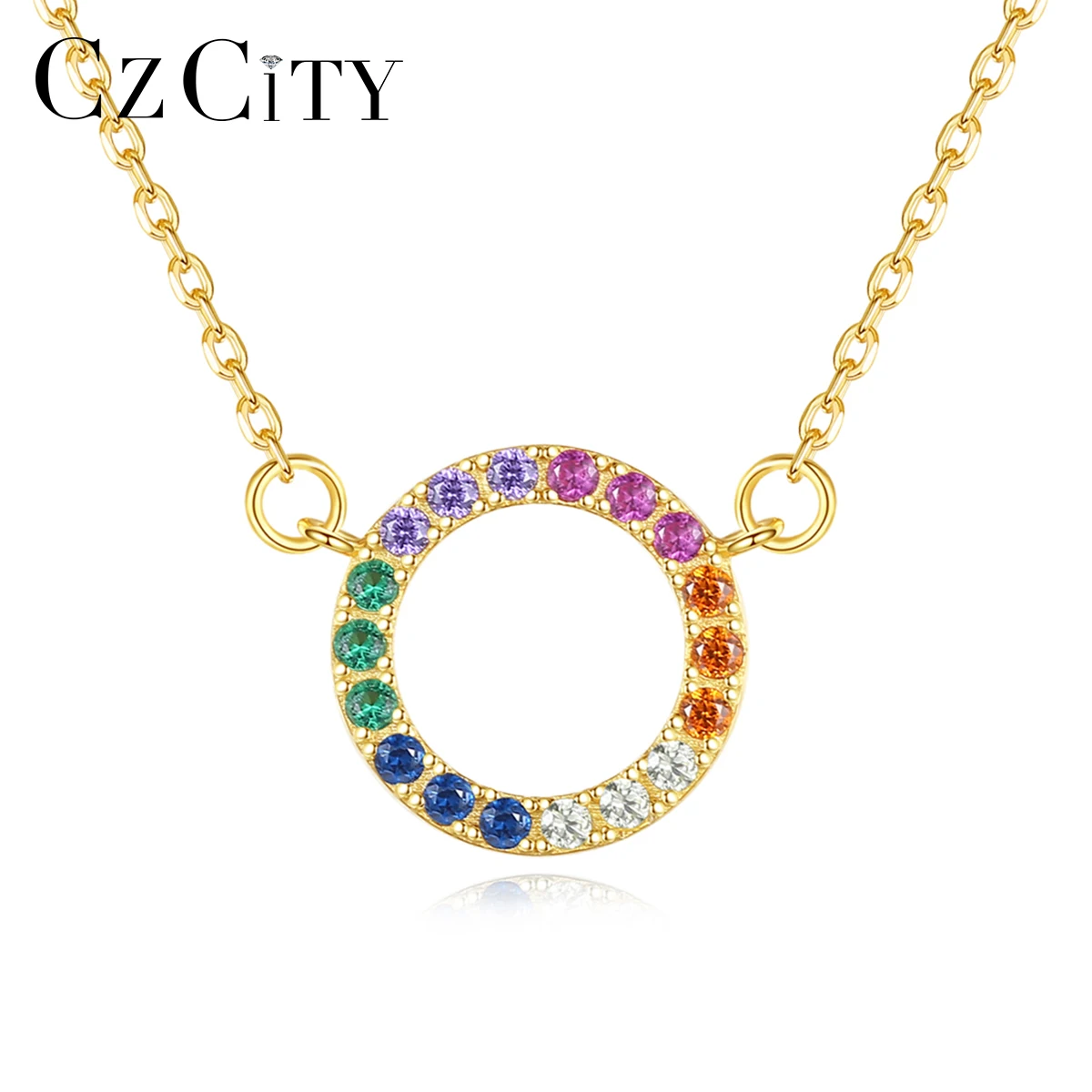 

CZCITY Multicolor Zircon 925 Sterling Silver Circle Pendants Rainbow Cubic Zirconia Women Necklace Girls Trendy Fine Jewelry