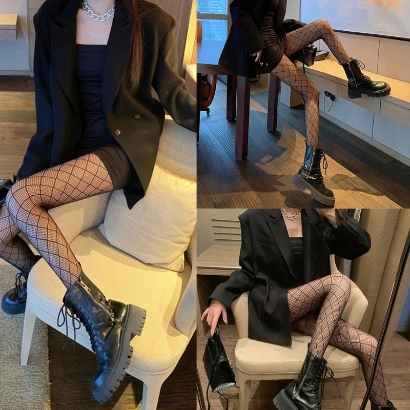 

Women Sexy Black Fishnet Tights Japanese Gothic Punk Argyle Plaid Rhombus Mesh Pantyhose Lolita Hollow Out Stockings