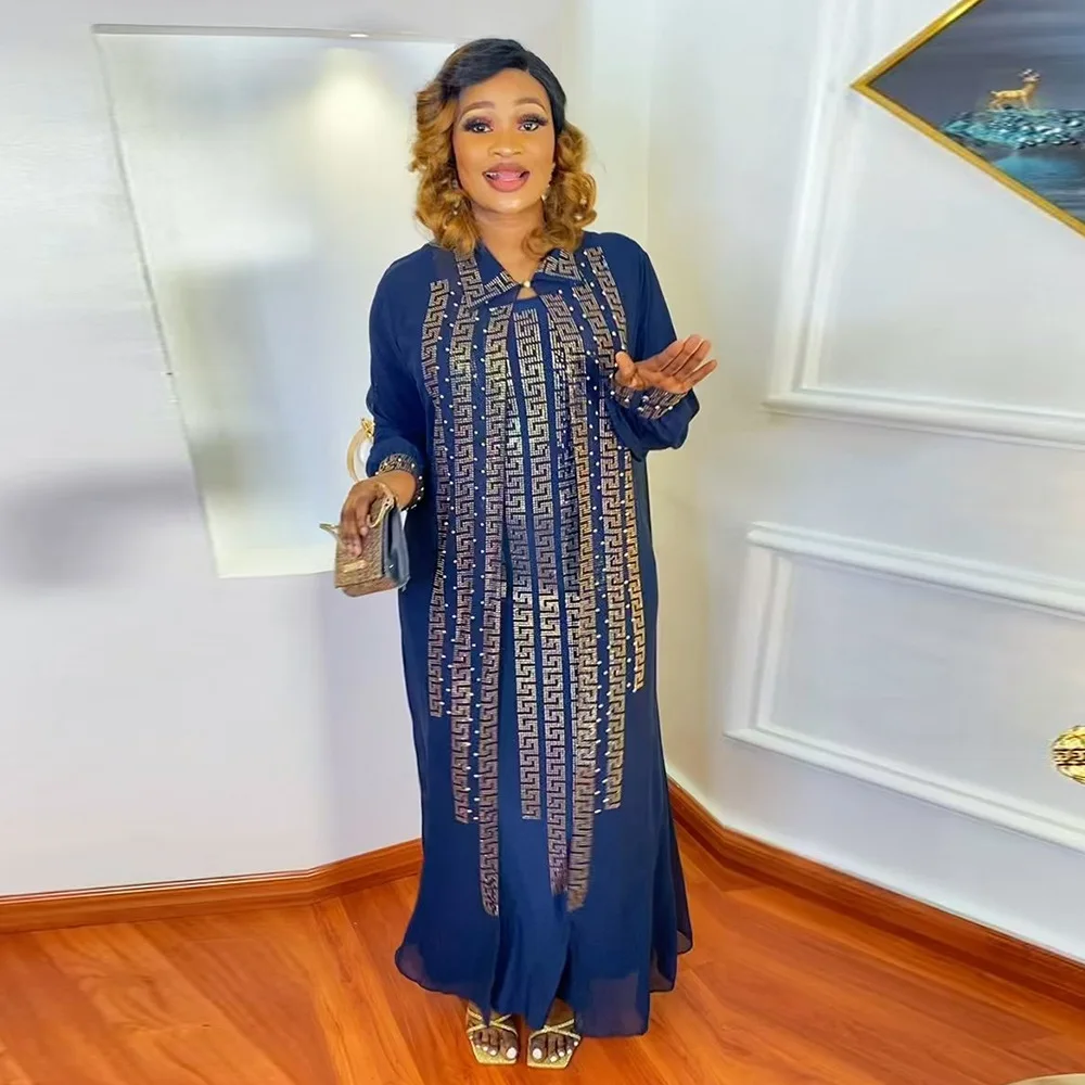African Clothes Muslim Fashion Dubai Abaya Sequins Chiffon 2 Piece Set Dubai Turkey Islam Clothing Kaftan Robe Vestidos 2022