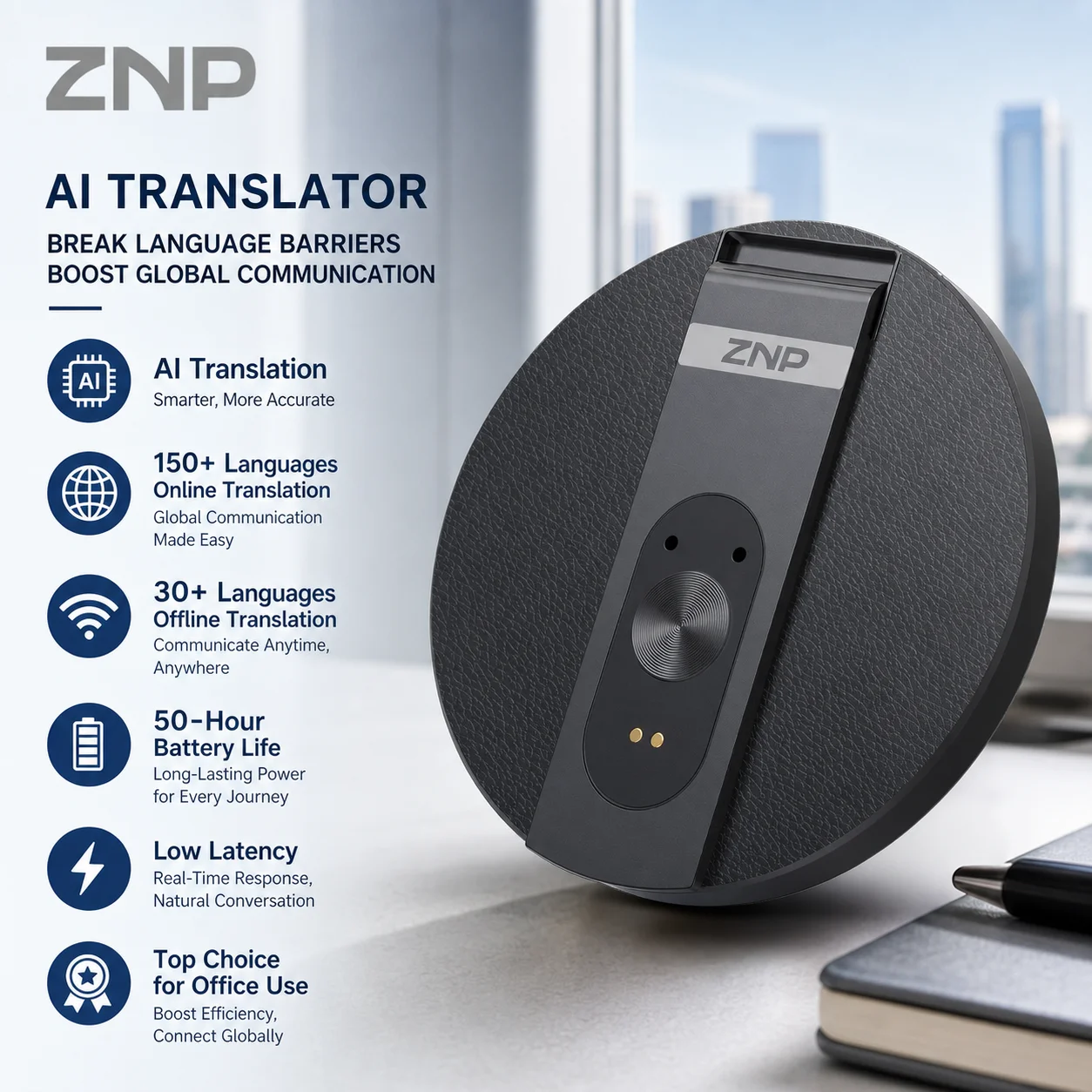 Фото Магнитный ультратонкий AI-голосовой переводчик ZNP с Bluetooth, портативная складная подставка для телефона, 50 часов воспроизведения, поддержка офлайн-режима №1