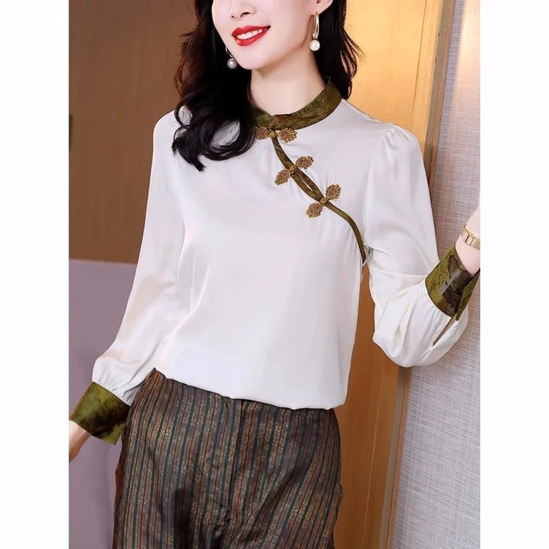 

Retro heavy pound simulation blouse female 2022 spring and summer new printed stand -up collar long -sleeved blouse female tops