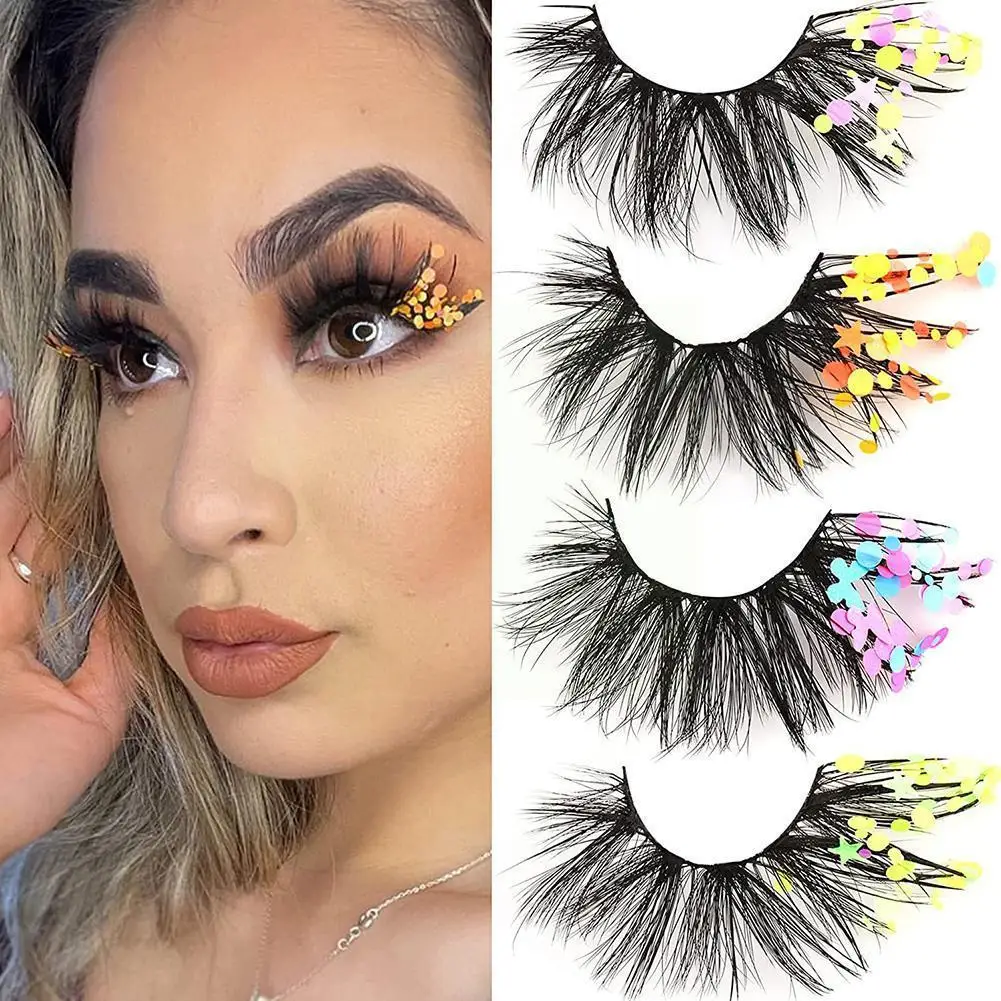 

4 Pairs 3d Mink Lashes With Sequins Fluffy Glitter Self-adhesive False Eyelashes Charming Eyelashes False Long W0s6