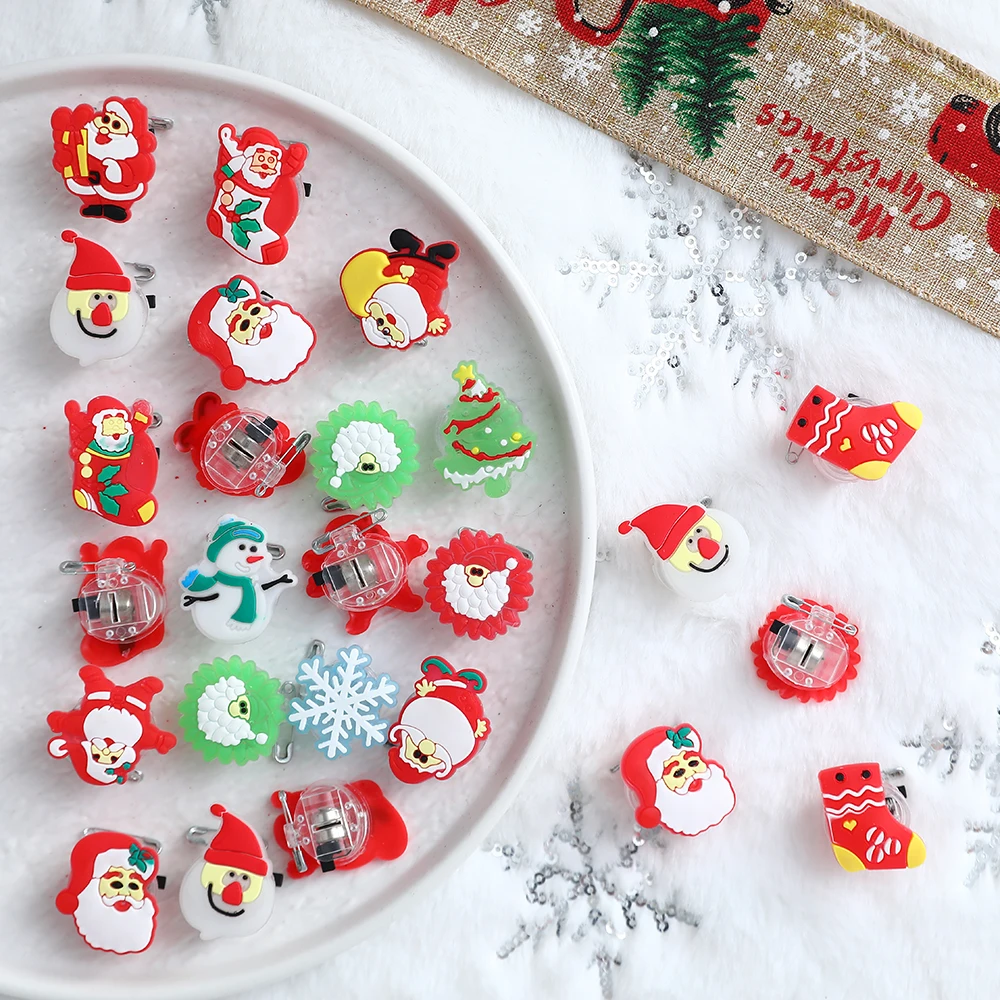 

10/15pcs Christmas Decoration Glowing Finger Ring Brooch Cute Cartoon Ring LED Luminous Rings Kid’s Toy Christmas Party Supplies
