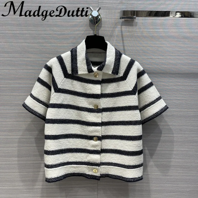

Женский трикотажный кардиган MadgeDutti, контрастных цветов, в полоску, с отложным воротником и коротким рукавом, пальто или клетчатая юбка с выс...