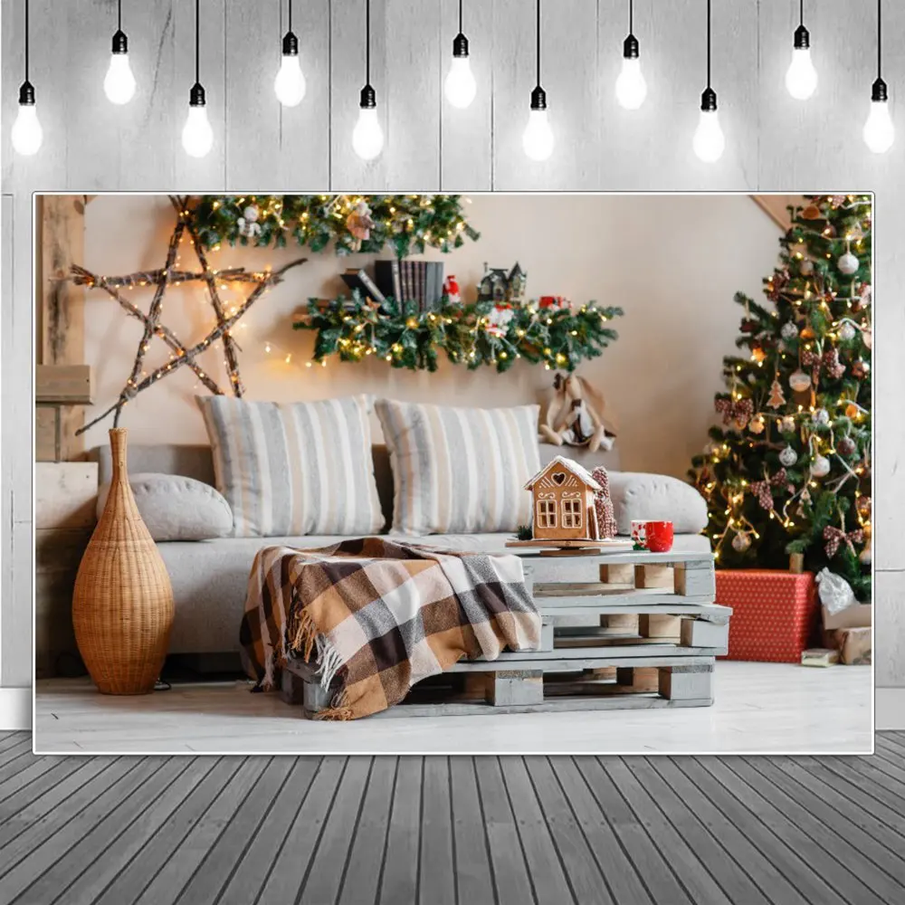 

Sofa Christmas Tree Ornament Fireplace Decoration Photography Backdrop Living Room Star Lights House Model Box Photo Background