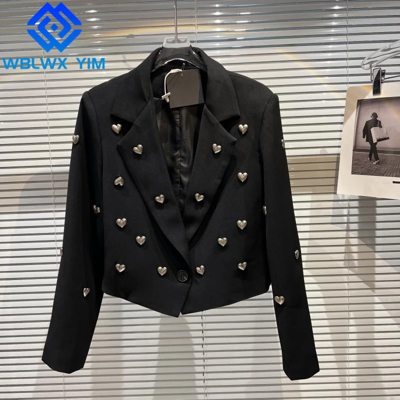 

Short Blazer Jacket Women Metal Heart Decoration Fashion Single Button Suit Jacket High Quality Loose Chic Blazers Coat Female