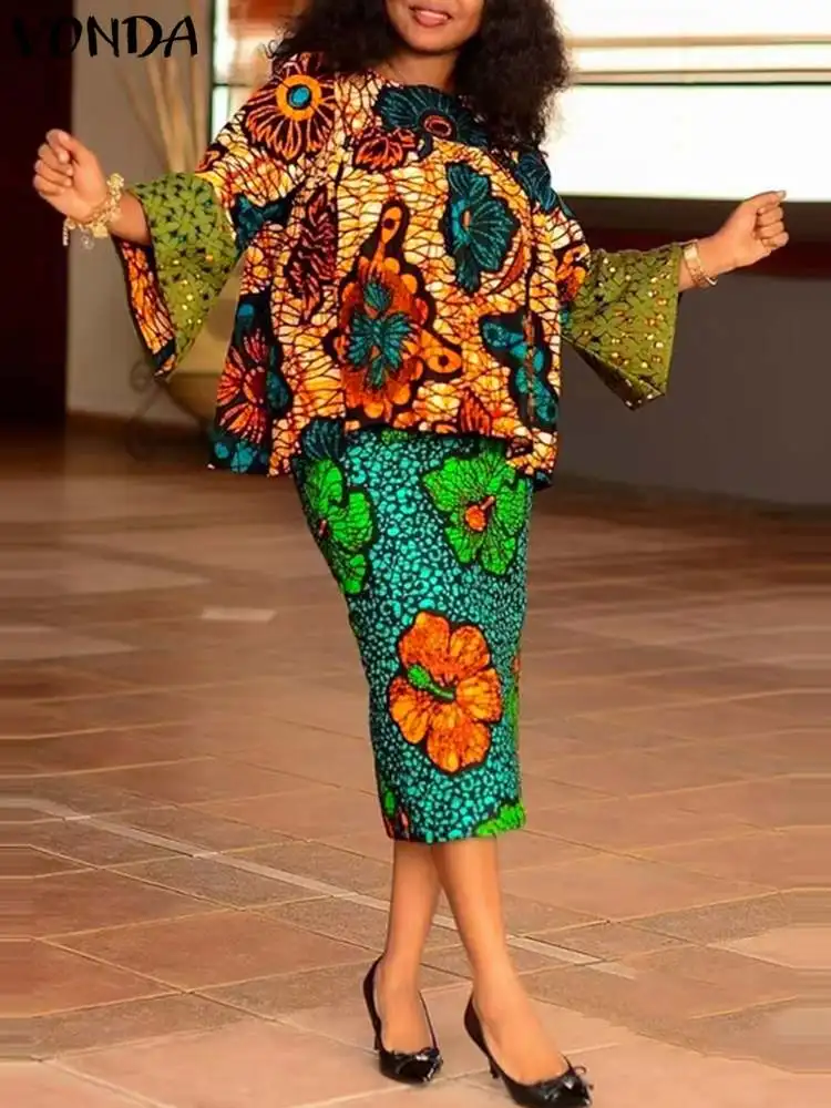 Осенний богемный Женский костюм с длинным Расклешенным рукавом и цветочным