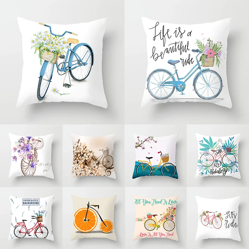 

Home Decor Cushion Cover for Living Room Bedroom Decorative Polyester Pillowcases Flowers Bike Printed Pillow Cover