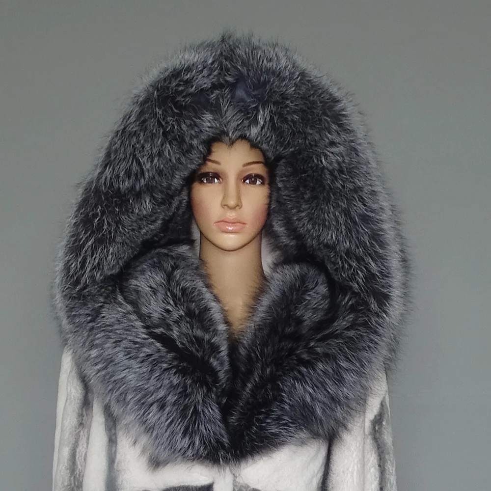 Winter Women Luxury Lexus Rex Rabbit Fur Coat Long Real Fur Coat Large Silver Fox Fur Collar Thick Warm Fashion Streetwear