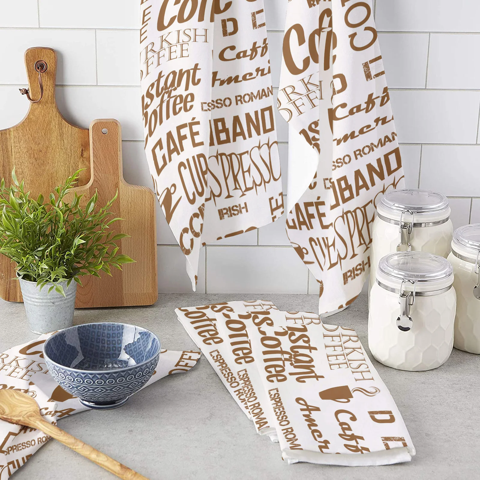 

Coffee Cup Text Brown Beans Microfiber Kitchen Hand Towel Dish Cloth Tableware Household Cleaning Towel Utensils for Kitchen