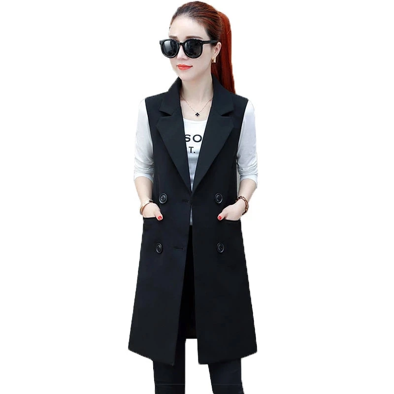 

Женский Длинный Приталенный жилет, тонкий жилет без рукавов, куртка в Корейском стиле, верхняя одежда, весна-осень 2022