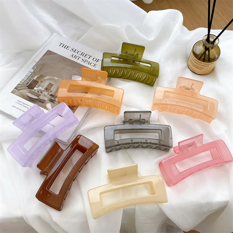 

10.5cm Jelly Colors Geometric Rectangle Hollow Hair Claw Clips For Women Large Plastic Shark Claws Hair Accessories