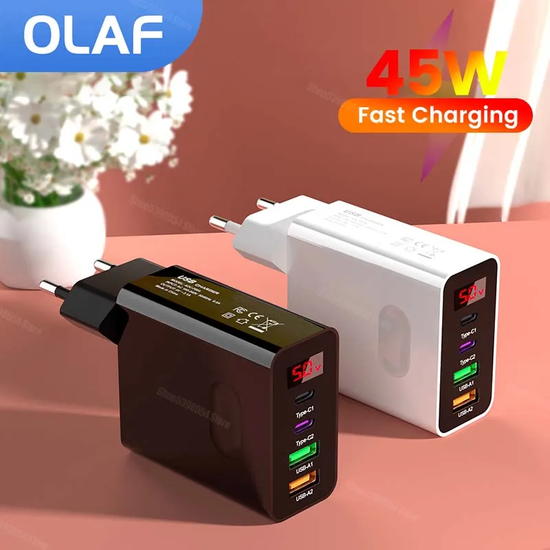 

PD 45W USB C Charger Fast Charge QC 3.0 Wall Charger For iPhone 14 13 12 Samsung Xiaomi 4 Ports Mobile Phone Charger Adapter