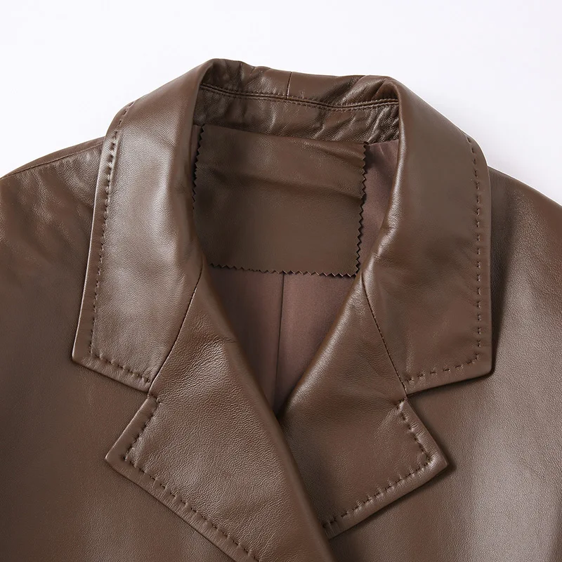 Lady Luxury Genuine Sheepskin Leather Coats 2023 Autumn Winter Trench Coats Women Leather Windbreaker Vintage Outerwear FG5067