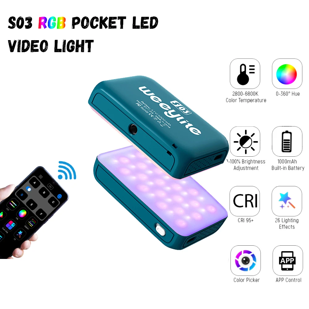 

Weeylite S03 Portable RGB Colorful LED Video Light Full Color Dimmable 2500K-8500K Pocket APP Control Fill Lighting Mini Lamp