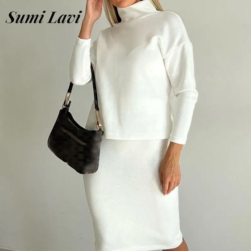 

Женский комплект из двух предметов, элегантный однотонный пуловер с высоким воротником и длинным рукавом и юбка миди, Осень-зима