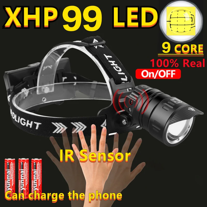 

NEW XHP99 Powerful LED Headlamp With IR Sensor USB Rechargeable Super Sensor Headlight Flashlight Zoom Torch For Fishing Camping
