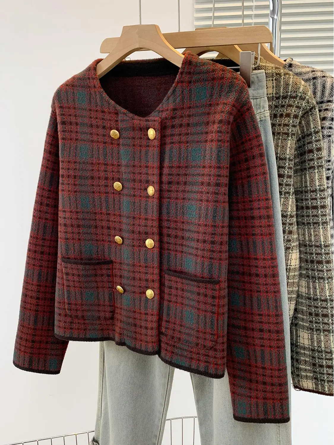 Ankela красная изящная клетчатая шерстяная куртка женская осень и зима больших