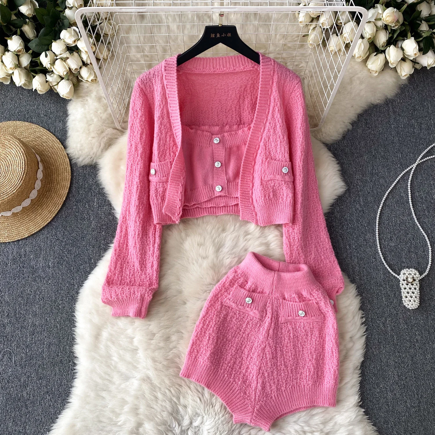 

Sweet Three Piece Set Women Sweater Cardigan + Camisole + Short Set Fashion Knitted 3pcs Suits Ensemble Femme Conjuntos Feminino
