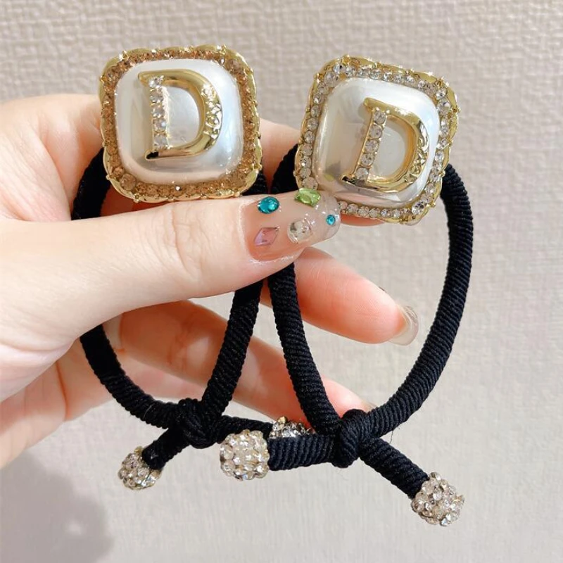 

Korea High Elasticity Rubber Band Hair Tie Rope Headdress Letter D Rhinestone Simple Ponytail Head Rope Girls Hair Accessoreis