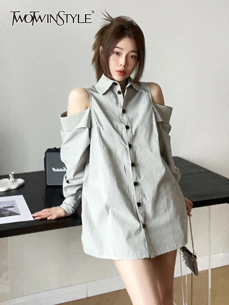 

TWOTWINSTYLE Off Shoulder Striped Shirts For Women Lapel Long Sleeve Single Breasted Casual Fashion Blouses Female Summer 2023