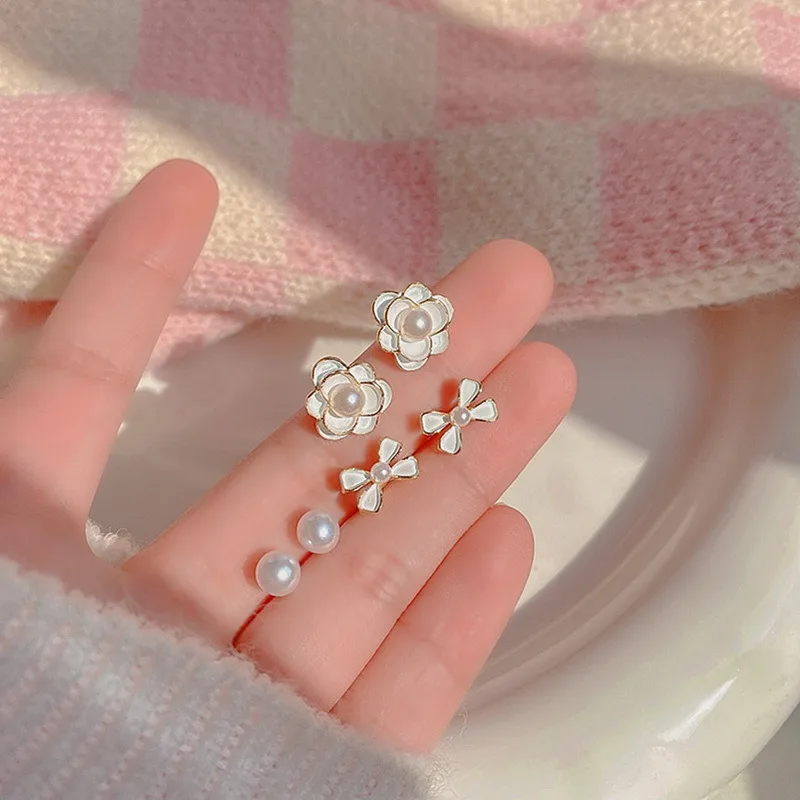 

Sweet Lovely Resin Rose Bow-knot Pearl Ear Studs earring Set for Women 925 silver needle Heart Flowers Cute Fashion Earrings