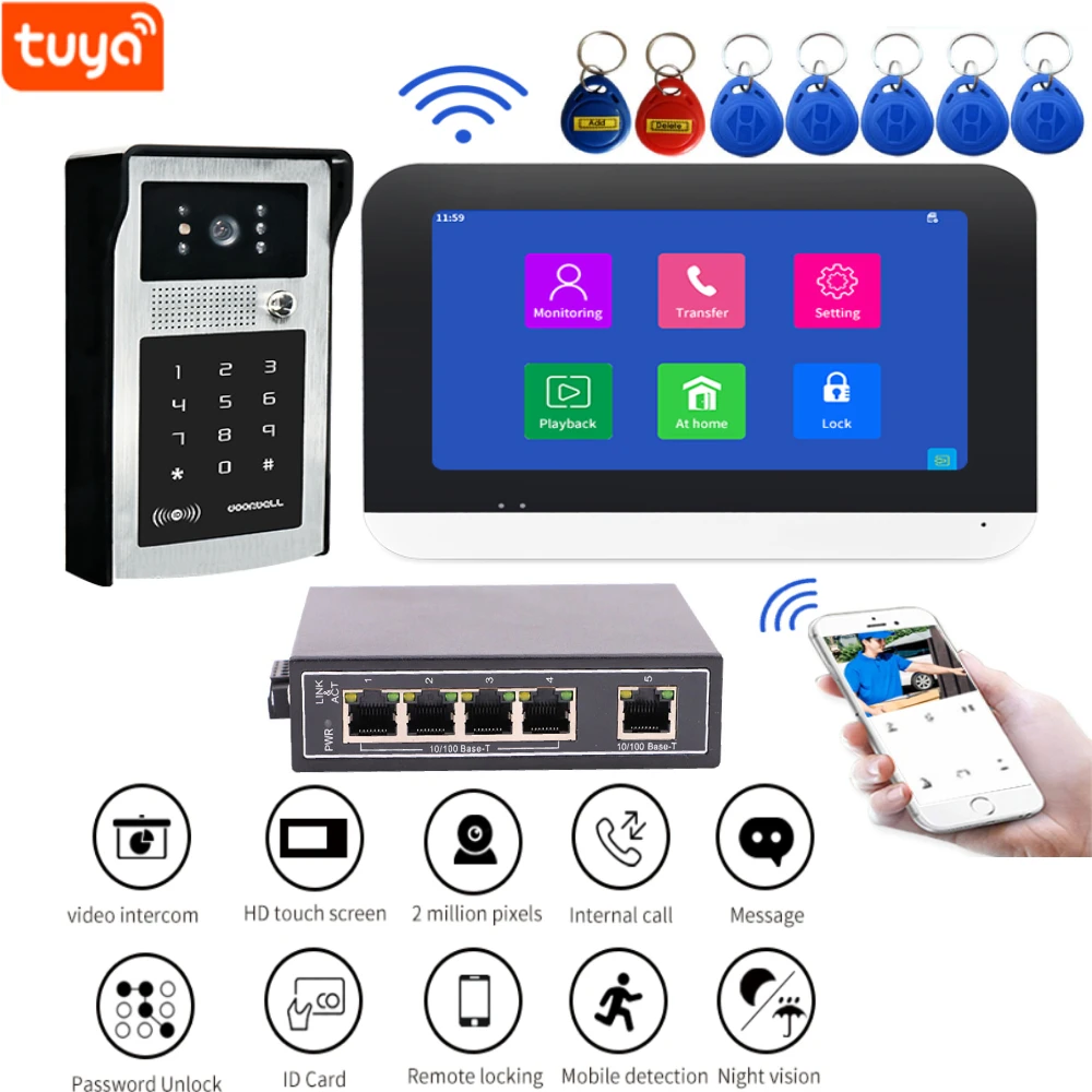 

WiFi Tuya Video Door Phone Intercom System Kit 1080P HD Color Touch Indoor Monitor + Camera Doorbell Support RFID Card Password
