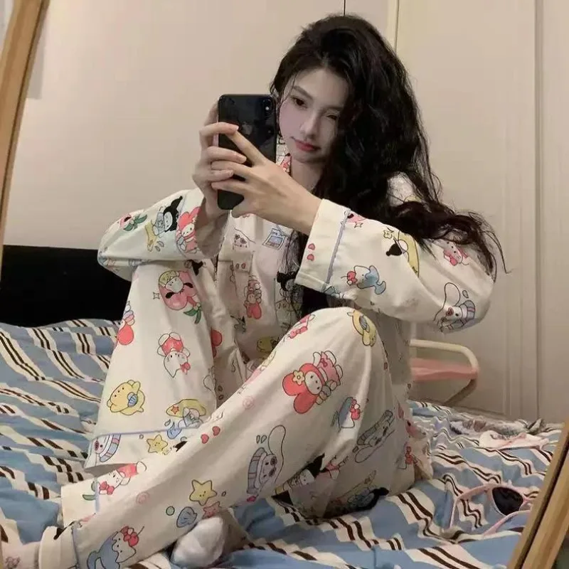 

Sanrio Kawaii полиэстер Hello Kitty Kuromi My Melody Cinnamoroll домашний повседневный набор мультяшная свободная девушка свежий и милый мультяшный Забавный