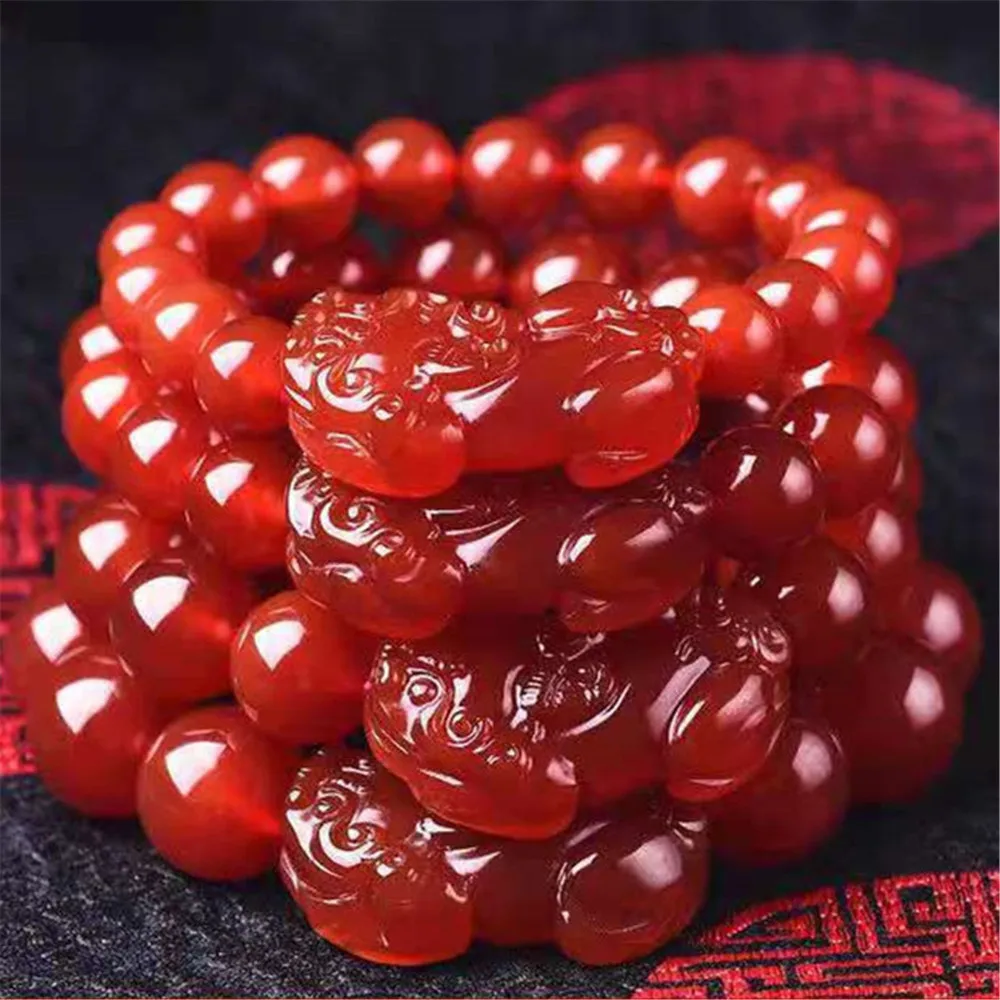 

New Natural Red Agate Pixiu Bracelet Accessories DIY Handmade Lucky Women Jade Beads Jewelry Female Exorcism Amulet12/14/16/18MM