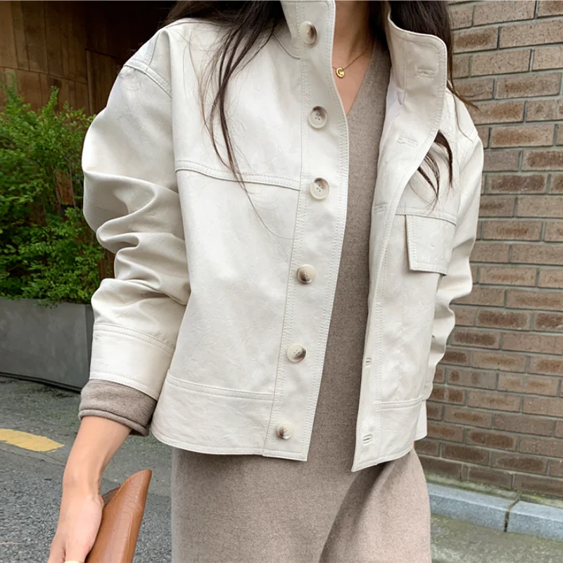 Korean Chic Autumn Simple Stand Collar Single Breasted Loose Long Sleeve Casual Cardigan Leather Coat Motorcycle Beige White