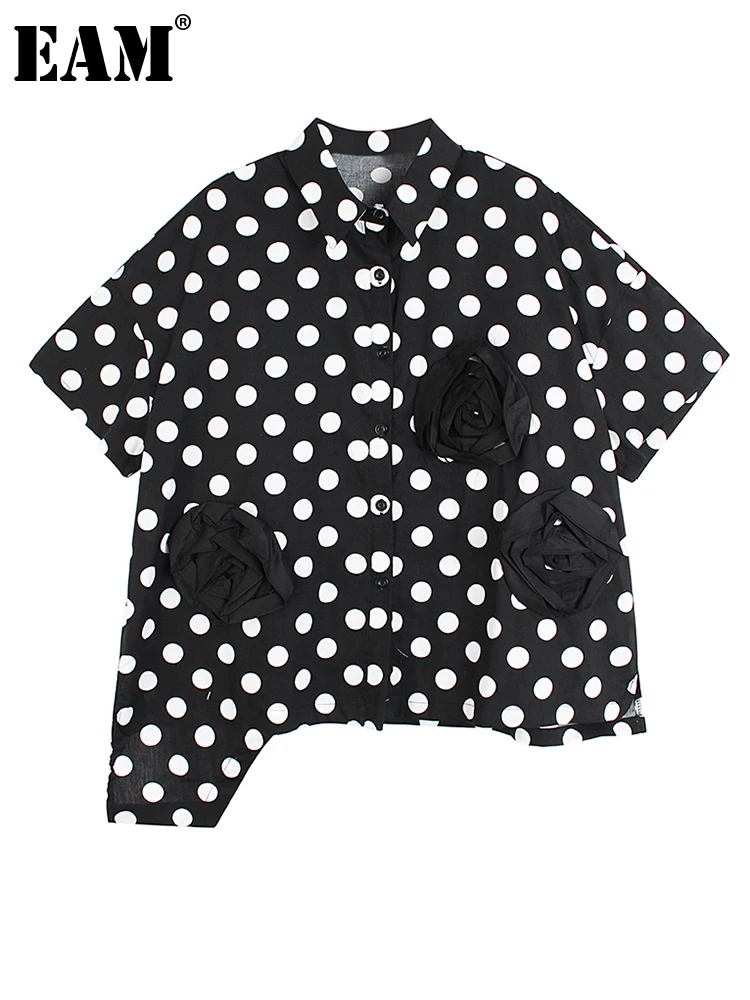 

[EAM] Women Black Dot Printed Flower Big Size Blouse New Lapel Half Sleeve Loose Fit Shirt Fashion Spring Summer 2022 1DE8040