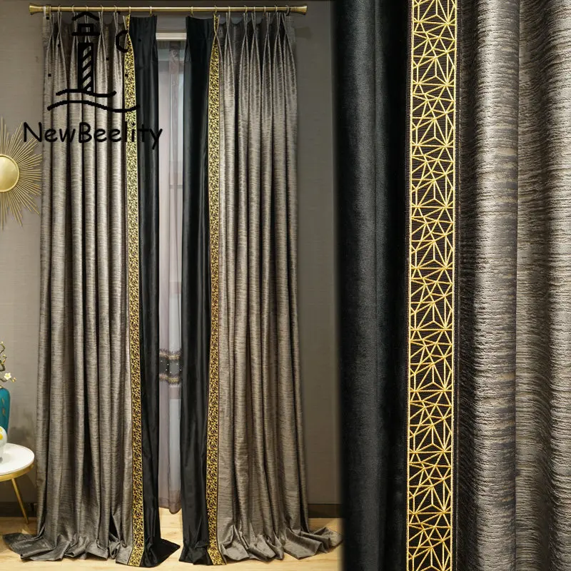 

Blackout Luxury Curtains for Living Room European Velvet Tulle Grey Vintage Golden Lace Stitching Bedroom Custom Dining Room