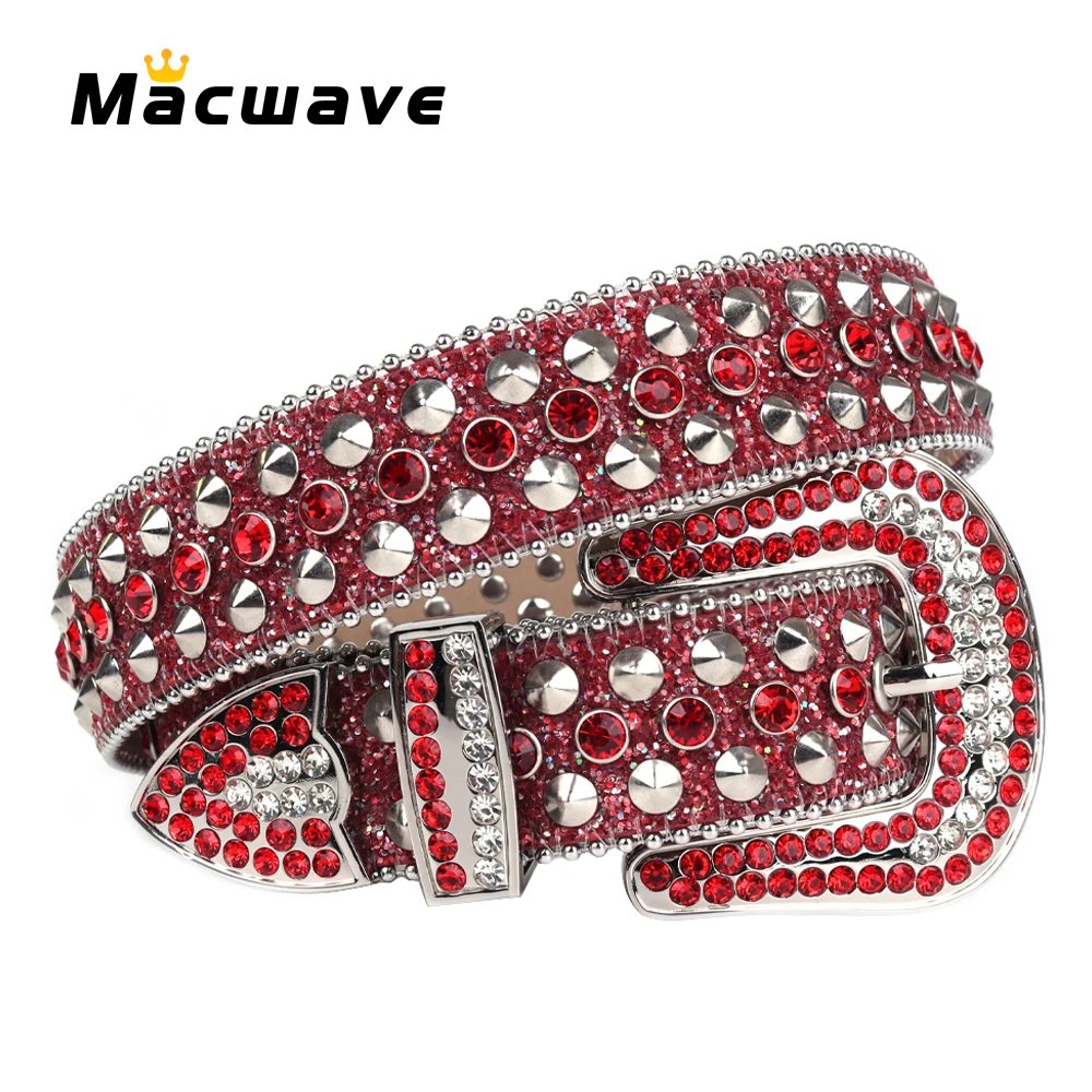 Fashion Women Rhinestones Belt Luxury Bling Strap Red Diamond With Rivet Belt Cowboy Cowgirl Pin Buckle Waistband For Jeans
