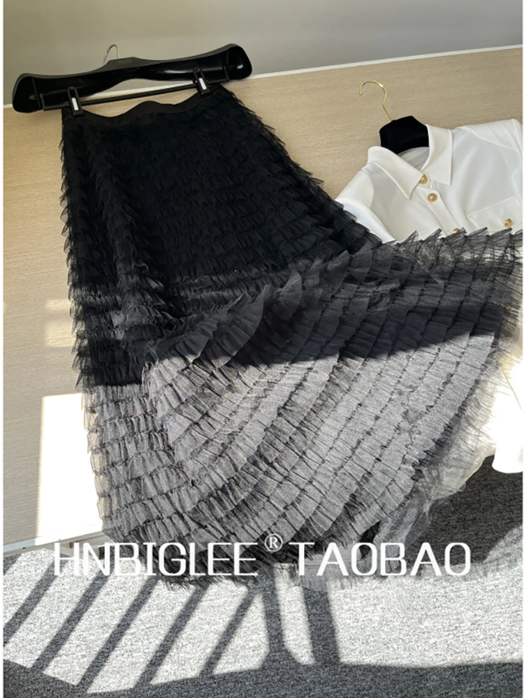 

Provide label High Quality 2022 Summer Women Fashion Runway High Waist Cascading Ruffle Black Mesh Cake Skirts