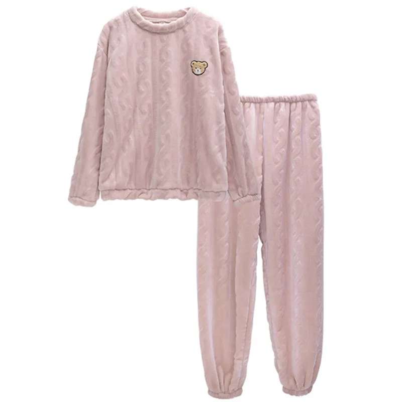 Sweet Little Fragrance Bear Badge Pajamas Set Women's Autumn And Winter Flannel Cardigan Thickened And Warm Coral Velvet