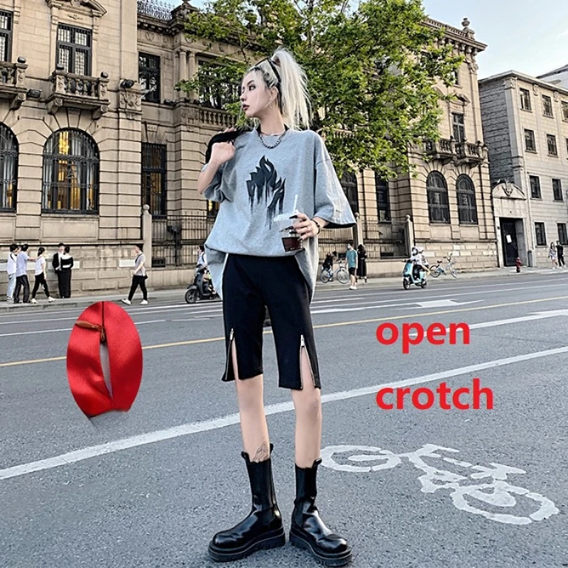 

Invisible zipper open-backed pants Women's Cropped Pants Summer Loose Retro Goth Slim-Fit Zipper Design Tight Beach Base